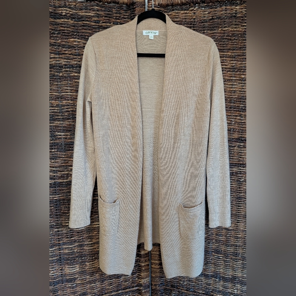Orvis 100% Merino Wool Open Front Cardigan Sweater Womens Small Longline FLAWED